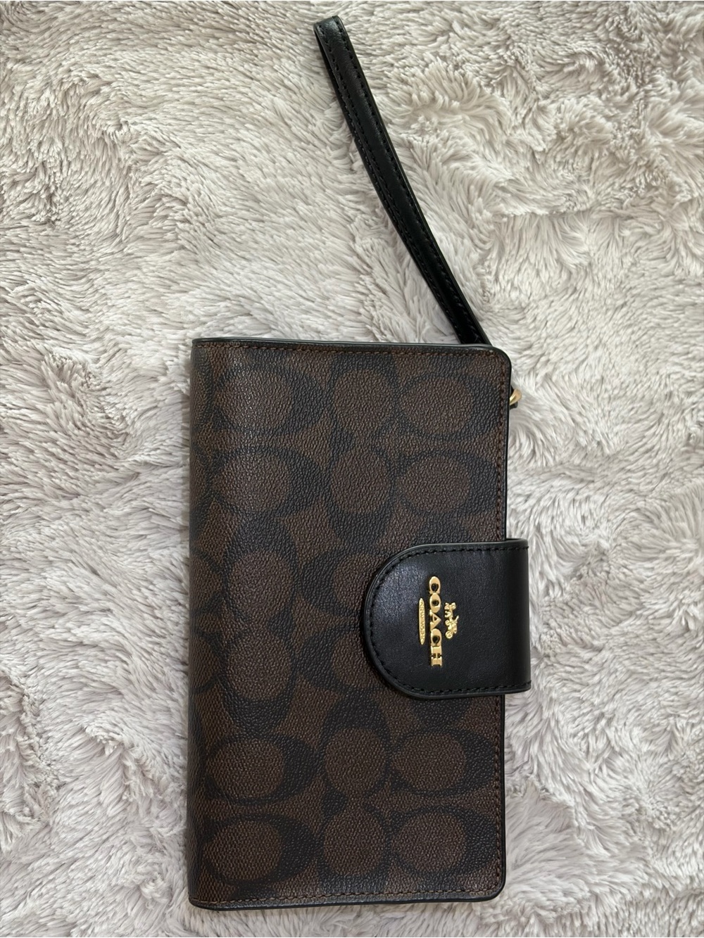 Coach Brown Signature Wristlet with Black Leather Snap and Gold Logo